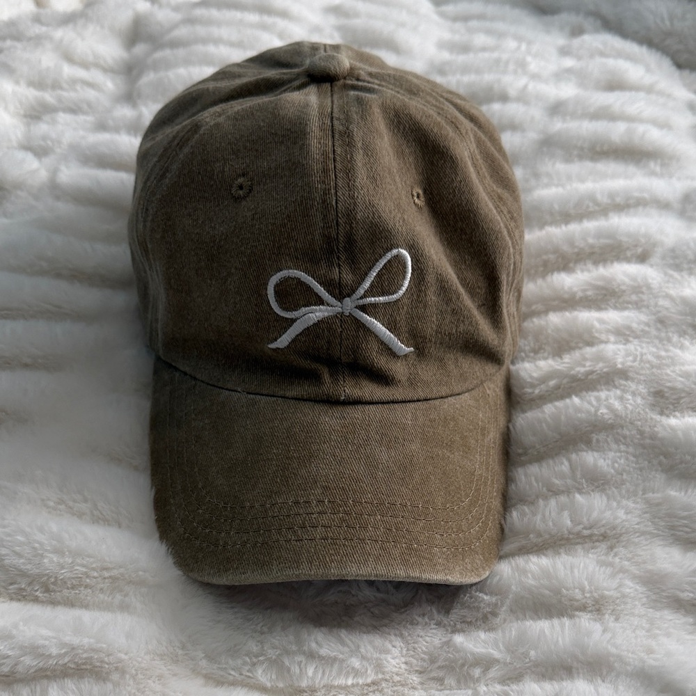 Brown Cap with White Bow Embroidery